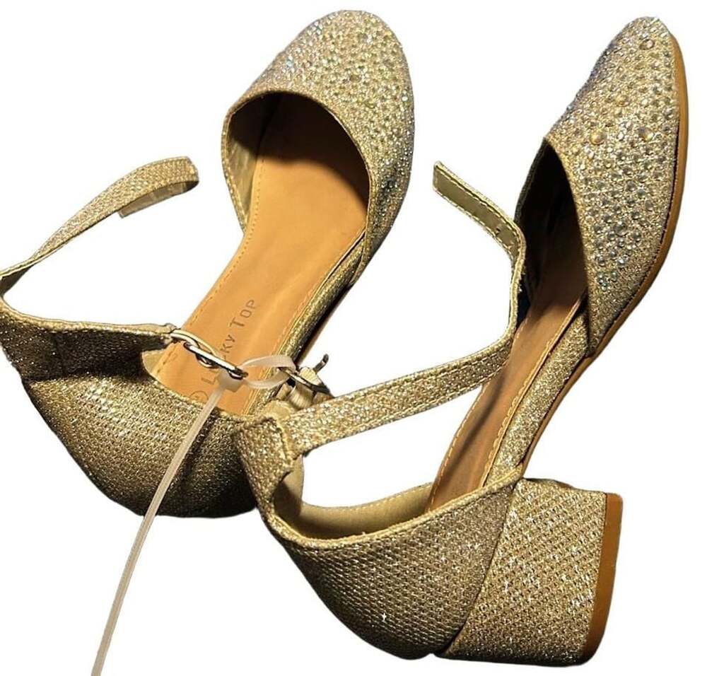 Lucky Top silver Glitter Rhinestone Ankle Strap Block Heel Dress Shoes Size 10
